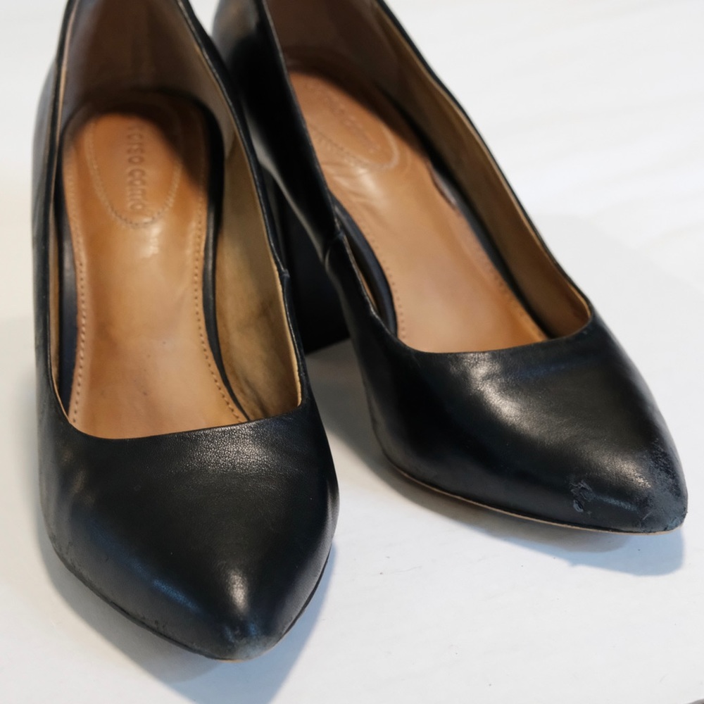 Kathy Pointy Toe Pump Black Leather Block Heel